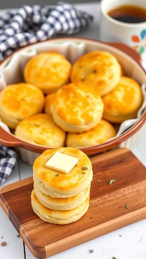 Golden brown butter swim biscuits in a baking dish, with melted butter and a rustic kitchen backdrop.